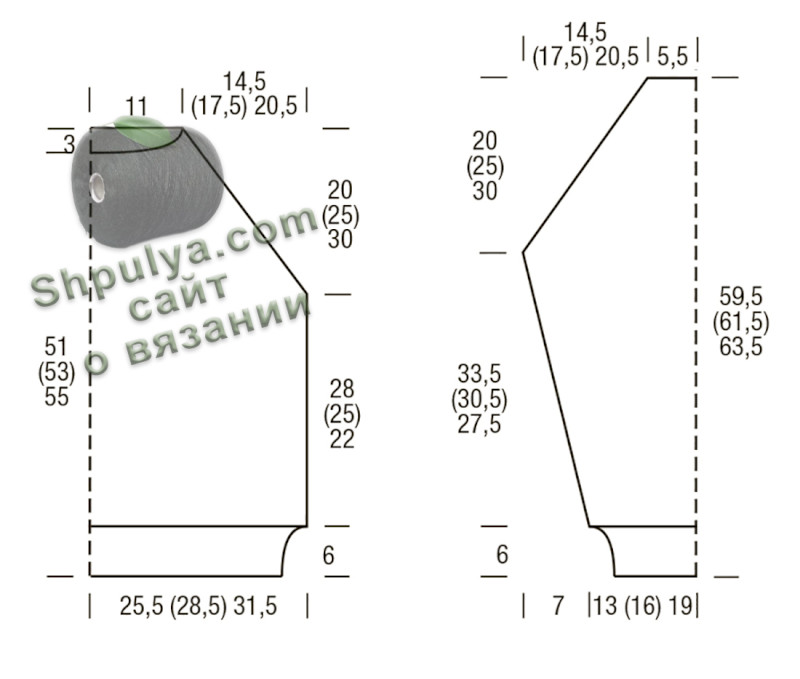 выкройка женского пуловера спицами с рукавами реглан