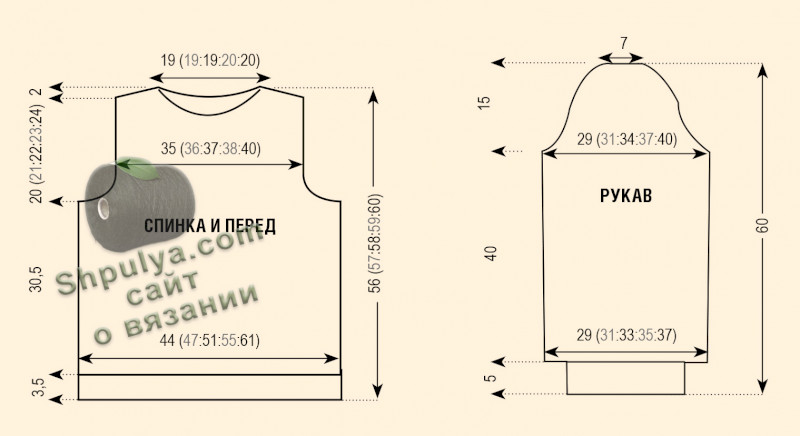 Схема вязания и выкройка вязаного женского пуловера спицами
