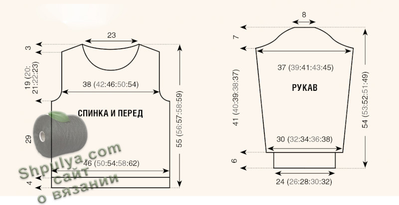 Схема вязания фантазийного узора и выкройка вязаного женского пуловера спицами
