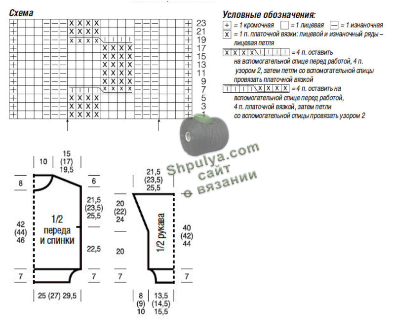 Выкройка и схема вязания пуловера:
