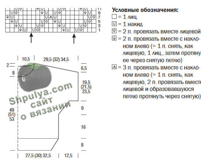 Выкройка и схема вязаного женского пуловера