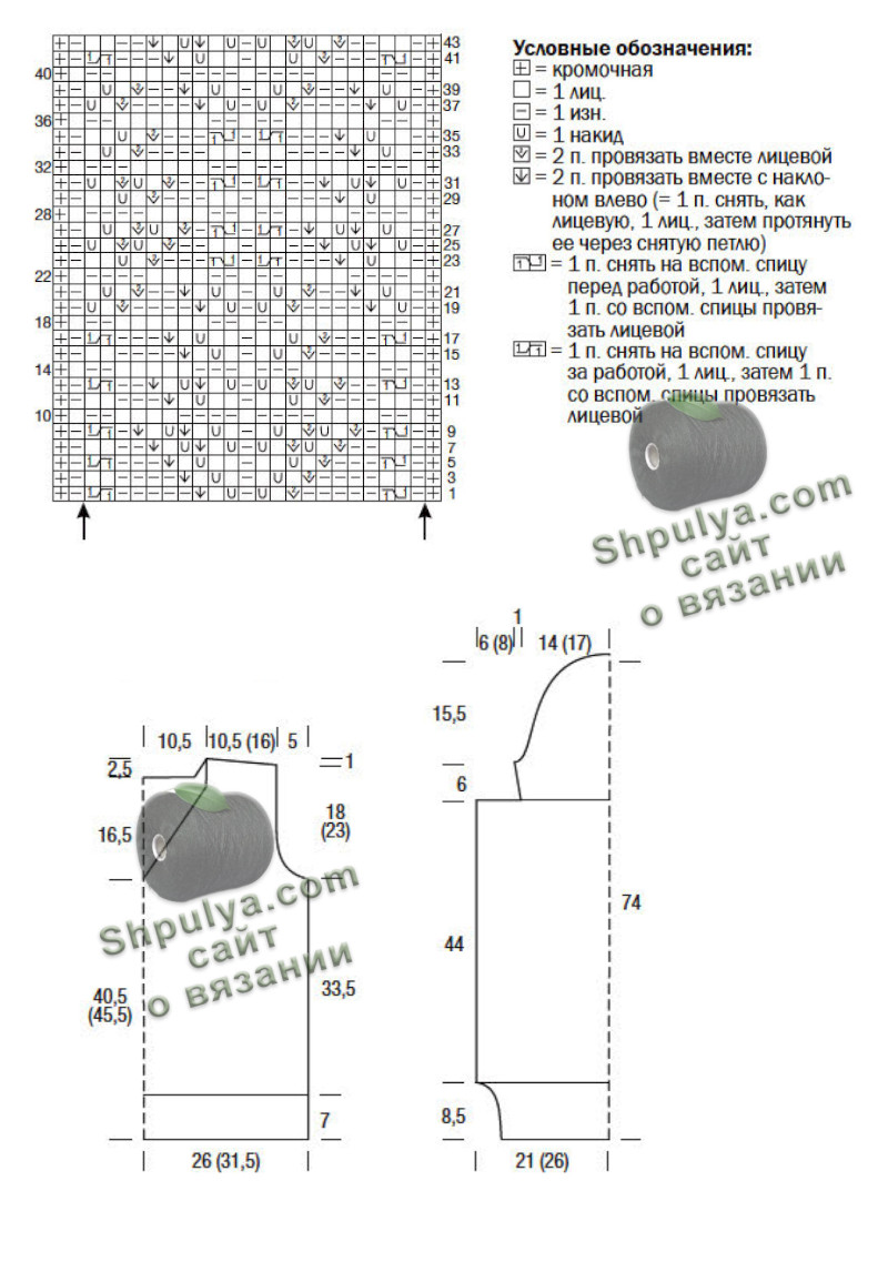Схема вязания и выкройка женского пуловера спицами