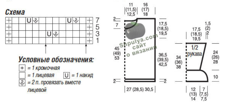 Схема вязания и выкройка женского пуловера спицами
